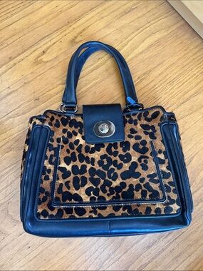 Cole Haan Pony Leopard Print Satchel with Black Trim